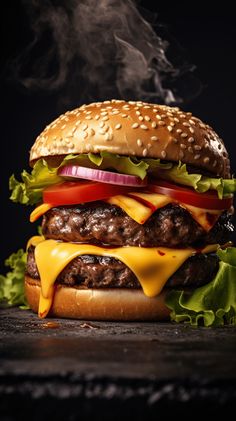 a hamburger with cheese, lettuce and tomato on it sitting on a table