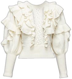 Chic Long Sleeve Sweater With Ruffles, Feminine Long Sleeve Ruffled Sweater, Feminine Cream Long Sleeve Sweater, Elegant Long Sleeve Sweater With Ruffles, Elegant Ruffled Sweater For Fall, White Feminine Sweater For Fall, Elegant Long Sleeve Ruffle Sweater, White Ruffled Sweater For Spring, Chic Fitted Sweater With Ruffles