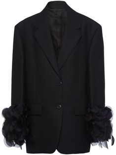 black wool feather-trim detailing notched lapels front button fastening shoulder pads long sleeves two front flap pockets straight hem central rear vent Trim Detail, Wool Blazer, Black Blazers, Black Wool, Shoulder Pads, Prada, Trim, Blazer, Wool