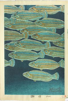 a group of fish swimming in the ocean together on a blue and green watercolor paper