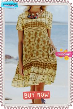 Cotton-blend Short Sleeve Printed Weaving Dress Printed Shift Midi Dress For The Beach, Beige Casual Dress For Beach Season, Casual Beige Dress For Beach Season, Casual Brown Mini Dress For Vacation, Casual Brown Mini Dress For Beach, Casual Beige Printed Mini Dress, Brown Printed Mini Dress For Summer, Summer Beach Mini Dress, Mid-length, Brown Knee-length Mini Dress For Beach