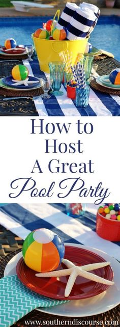 a pool party with plates and cups on it