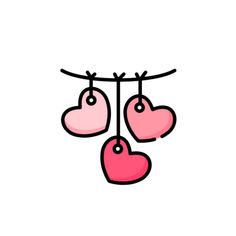 three hearts hanging from a line on a clothesline with the word love written below them