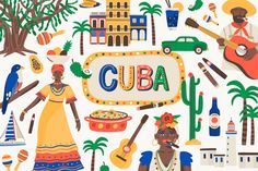 an illustration of cuba surrounded by various items