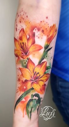 an orange flower with green leaves on the left forearm and right arm, painted in watercolor