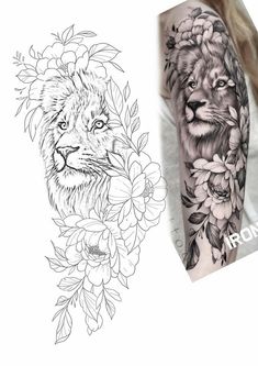 a woman's arm with flowers and a lion tattoo on it