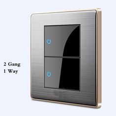 the two gang light switch is shown in stainless steel and has blue buttons on each side