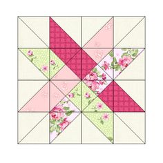 a pink and green quilt block with flowers on it