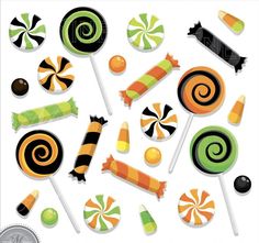 an assortment of candies and lollipops on a white background