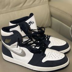 Air Jordan 1 Blue White And Silver Us 12 Men New Never Worn(No Box) (Midnight Navy) Nike Custom Navy Leather Sneakers, Custom Navy Leather Nike Sneakers, Jordan 1 Navy Blue, Air Jordan 1 Blue, Aesthetic Nike, Jordan 1 Blue, Nike Shoes Air, Pretty Sneakers, Nike Air Max Excee