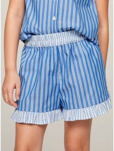 Tommy Hilfiger girls' short.  Material: 100% Organic Cotton. Tommy Hilfiger Girl, Color Celeste, Kids Sale, Ruffle Shorts, Tommy Hilfiger, Organic Cotton