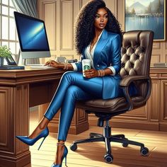 a painting of a woman sitting in an office chair holding a coffee cup and looking at the camera