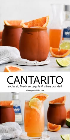 an orange drink in a glass with the text cantarto on top and below it