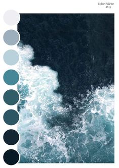 an aerial view of the ocean with blue and gray colors on it, including waves