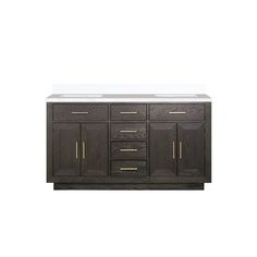 a bathroom vanity with two sinks and dark wood cabinetry on one side, white counter top