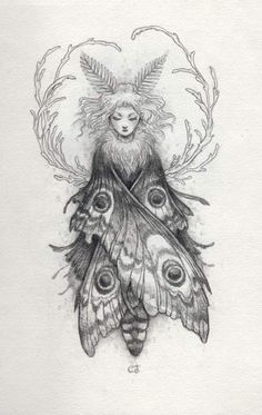 a black and white drawing of a woman with feathers on her head, surrounded by moths