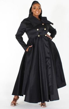 Solid long body jacket with V-neck closure Front button closures Black trench coat style dress Long sleeves Cinched waist Full pleated skirt in a loose fit Polyester 95% Spandex 5% Wear it as a dress or jacket ! Coat Style Dress, Pleated Coat, 1 Piece Dress, Black Dress Style, Button Maxi Dress, African Attire Dresses, Black Trench Coat, Trench Coat Style, Coat Style