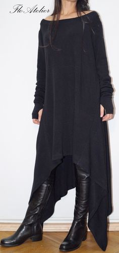 Black Asymmetrical Sweater/Cozy Pullover/ Sweater Dress/Knit Dress/Women Ribbed Sweater/Maxi Blouse/ Black Long Casual Sweater, Casual Winter Outfits For Women Over 40, Xl Outfits For Women, Long Black Casual Sweater Dress, Fashion Women Over 40, Oversized Black Long Sweater, Edgy Chic Fashion, Long Blouse Outfit, Black Fall Fashion