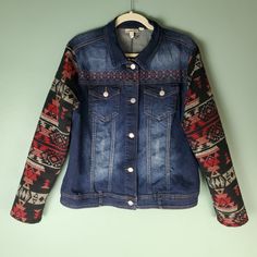 Venario Womens Red Aztec Geometric Western Boho Embroidered Denim Jean Jacket Size Large New With Tags Red Denim Jacket For Winter, Fitted Red Denim Jacket With Long Sleeves, Red Denim Jacket With Pockets, Dark Wash Bohemian Outerwear For Fall, Bohemian Dark Wash Outerwear For Fall, Brown Denim Jacket, Tie Dye Jackets, Pink Denim Jacket, Acid Wash Denim Jacket