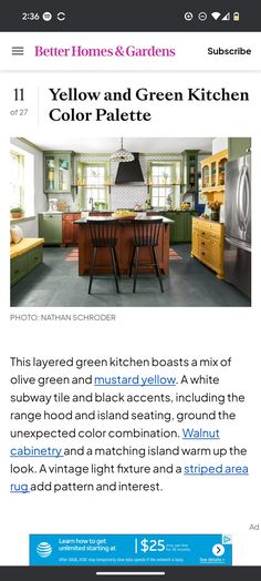 the green kitchen is featured in this article for better homes and gardens, which features photos from