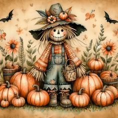 a painting of a scarecrow surrounded by pumpkins