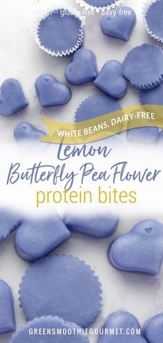 lemon buttery pea flower protein bites on a white background with the title below it