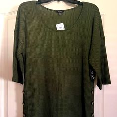 Olive Green Top With Button Accents On The Sides. Sleeves Are Almost 3/4 Length, Scoop Neck Green Top With 3/4 Sleeves And Button Closure, Dusty Pink Blouse, Mauve Top, Olive Green Top, Blue And White Shirt, Gold Blouse, Strappy Top, Purple Blouse, Stylish Blouse