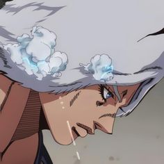 an anime character with white hair and blue eyes stares at something in the distance, while his head is covered by clouds