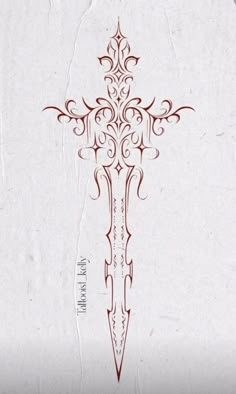 the cross is drawn in red ink on white paper with an intricate pattern and ornate design