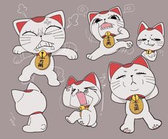 four cartoon cats with different expressions on their faces and chestes, one has gold coins in its mouth