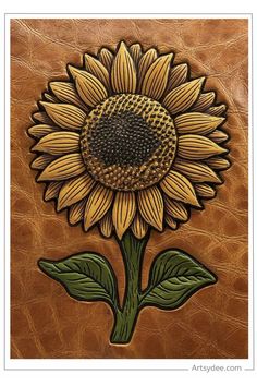 Sunflower embossed on brown textured leather. Flower Petal Template