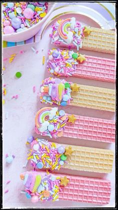 the waffles are decorated with candy and sprinkles