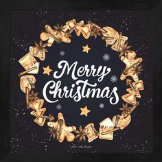 a christmas card with the words merry christmas in a circle surrounded by angels and stars