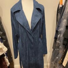 Nwt - Long Blue Suede Belted Trench Coat With Hidden Buttons Fitted Blue Belted Outerwear, Blue Belted Long Sleeve Outerwear, Blue Long Outerwear For Spring, Long Blue Outerwear For Spring, Long Blue Spring Outerwear, Elegant Blue Collared Outerwear, Elegant Long Blue Outerwear, Blue Fitted Collared Outerwear, Fitted Blue Collared Outerwear