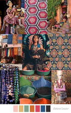 an assortment of colorful fabrics and accessories are featured in the color palette for this photo