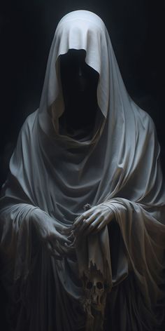 a ghostly figure wearing a white cloak and holding a skull