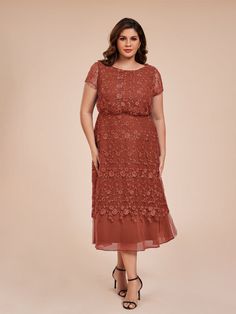 Rust Elegant Short Sleeve Bridesmaid Midi Dress, Tea Length Dress, A Line Shorts, Rust Dress, Lace Neckline, Tea Length Dresses, Mother Of The Bride Dress, Applique Dress, Tea Length