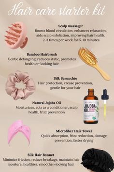 Hair care starter kit for your hair health journey. All products are linked! #musthaves #favourite #inspired #aesthetic #pinterest #pinterestinspired  #beautyblog #beauty #skincare #skin #skinhealth #beautycare #care #face #body #care #health #healthyliving #healthy #hair #haircare #journey #hairhealth #haircare #hairroutine #haircaretips #hairglowup Silk Hair Bonnets, Food For Glowing Skin, Exfoliate Scalp, Healthy Hair Routine, Hair Mistakes, Hair Things, Scalp Oil, Inspired Aesthetic, Coconut Oil Hair