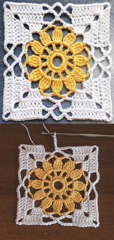 two crocheted squares with yellow flowers on them