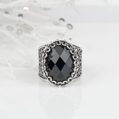 This Genuine Faceted Onyx 925 Sterling Silver Bold, Ornate Filigree Women's Ring comes in Size 6-12 to fit every women's finger. It makes a Great Valentine's Day Gift for Mom, Special Gift Boxed for her. It makes a great gift for an art loving Mom, Daughter or Grandma. Our hand made designer jewelry is unique in the world with its styling and quality. The ring will come in a designer pouch, put in gift box and a romance card. It is a gift that will create memories for years to come. For this par Ornate Jewelry, Valentines Gift Box, Create Memories, Sterling Silver Filigree, Filigree Design, Handcrafted Rings, Mom Daughter, Onyx Ring, Valentine Gift