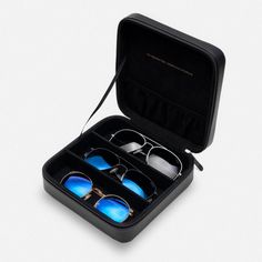 3-Frame Sunglasses Travel Case Compact Travel Cases With Zipper Closure, Elegant Black Travel Accessories For Everyday Use, Black Travel Accessories With Interior Card Slots, Modern Travel Cases With Interior Card Slots, Elegant Black Travel Cases, Black Rectangular Travel Cases, Modern Zipper Closure Storage Cases, Luxury Black Everyday Cases, Black Rectangular Case With Zipper Closure