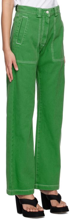 Cotton drill trousers. · Belt loops · Four-pocket styling · Zip-fly · Leather logo patch at back waistband · Logo-engraved silver-tone hardware · Contrast stitching in white Supplier color: Green Green Baggy Jeans, Pants Details, Green Pants, Leather Logo, Xmen, Pants Pattern, Baggy Jeans, Contrast Stitch, Winter Wear