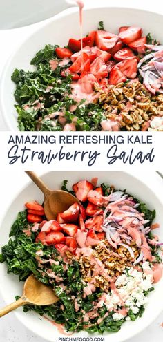 strawberry kale salad in a white bowl with two wooden spoons on the side