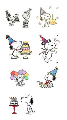 snoopy birthday stickers are arranged on a white background