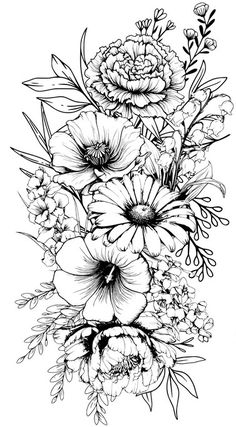 an ink drawing of flowers and leaves on a white background with the words,'flower bouquet