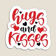 hugs and kisses sticker with hearts in red, black and white on a beige background