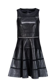 Current Boutique-Tibi - Leather Cocktail Dress w/ Cutout Details Sz 4 Fitted A-line Leather Dress, Modern A-line Dress For Night Out, Sleeveless Leather Dress For Date Night, Spring Evening Leather Dress, Sleek Leather Dresses For Workwear, Elegant Leather Dresses For Date Night, Sleek Leather Dress For Work, Chic Leather Workwear Dress, Sleek Leather Workwear Dress