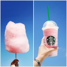 there is a pink cotton candy popsicle with a starbucks drink in it and the caption says, they have vanilla ice cream