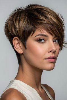 Short Elegant Haircut, Highlights Brown Hair Short, Highlights Brown Hair, Short Hair Styles For Round Faces, Shaved Sides, Short Haircut, New Hair Colors, Good Hair Day, Trendy Short Hair Styles