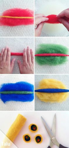 the process to make felt flowers with scissors and yarn